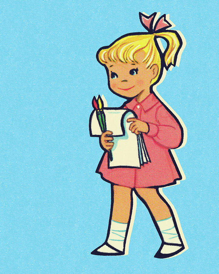 Vintage Drawing - Girl Holding Paper and Markers by CSA Images