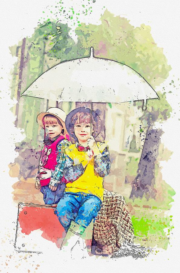 Girl Holding Umbrella While Sitting on Brown Suitcase watercolor by Ahmet Asar Painting by Celestial Images