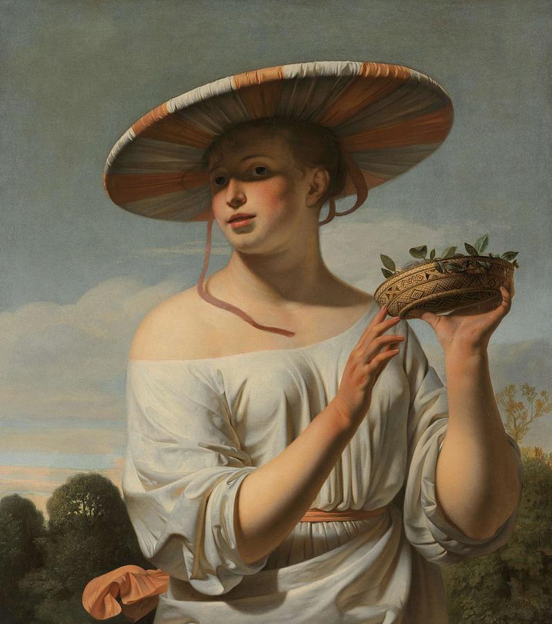 Girl in a Large Hat. Jonge vrouw met brede hoed. Painting by Caesar Boetius van Everdingen