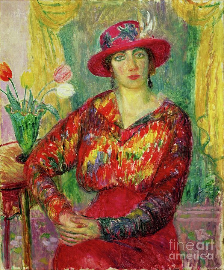 Girl In A Red Dress And Hat By Glackens Painting by William James Glackens