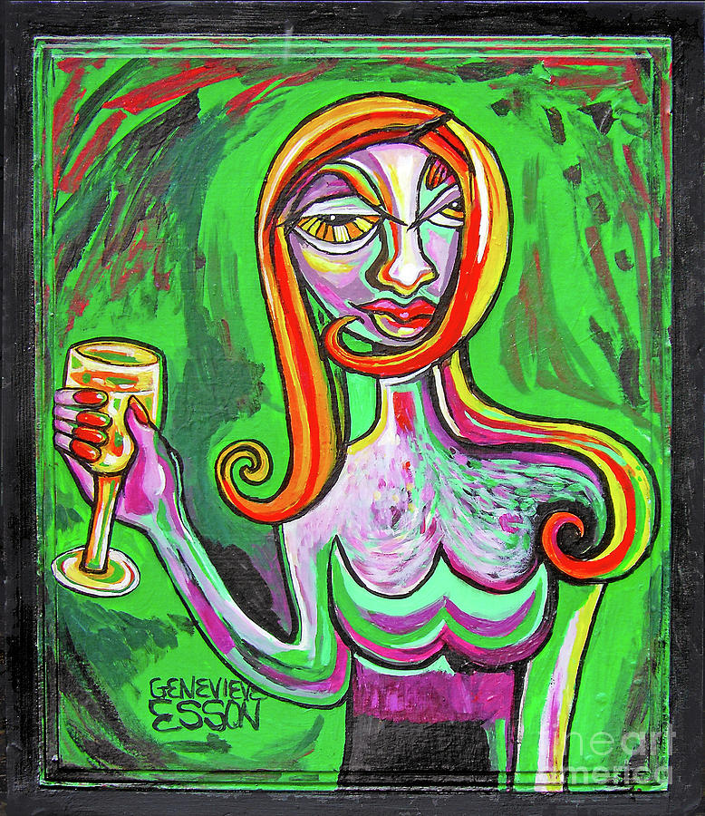 Girl In Green With Glass Of Chardonnay Painting by Genevieve Esson