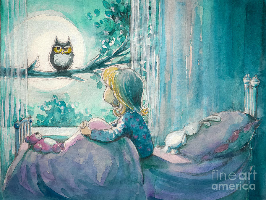 Bed Digital Art - Girl In Her Bed Looking At Owl by Deepgreen Bed Digital Art - Girl In Her Bed Looking At Owl by Deepgreen