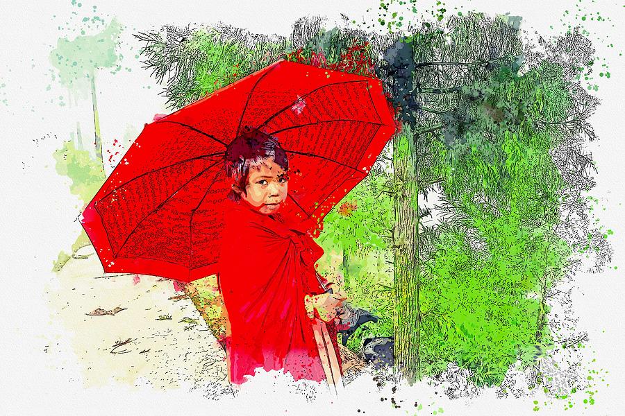 Girl in red -  watercolor by Adam Asar Painting by Celestial Images
