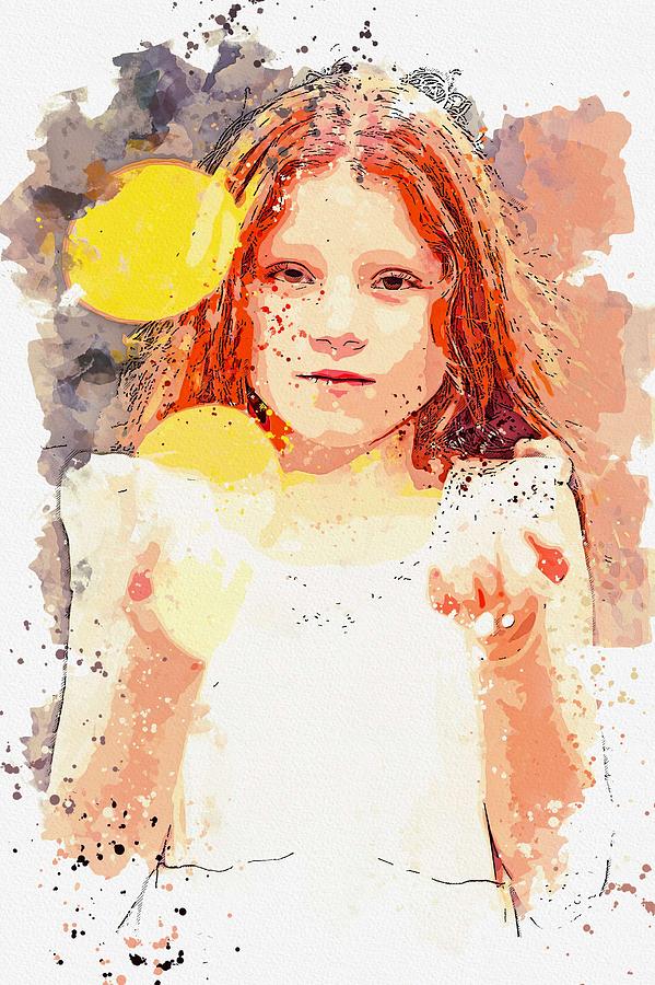 Girl In White Dress With Bokeh Photography Watercolor By Ahmet Asar Painting