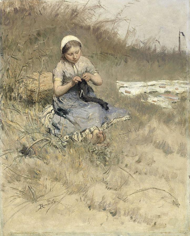 Girl Knitting. Painting by Bernardus Johannes Blommers -1845-1914-
