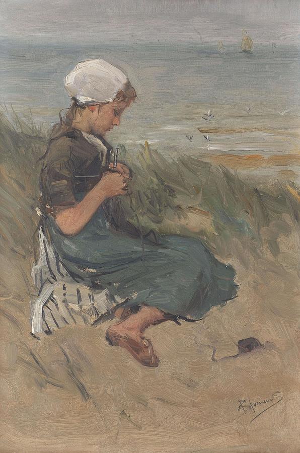 Girl Knitting in the Dunes. Painting by Bernardus Johannes Blommers -1845-1914-