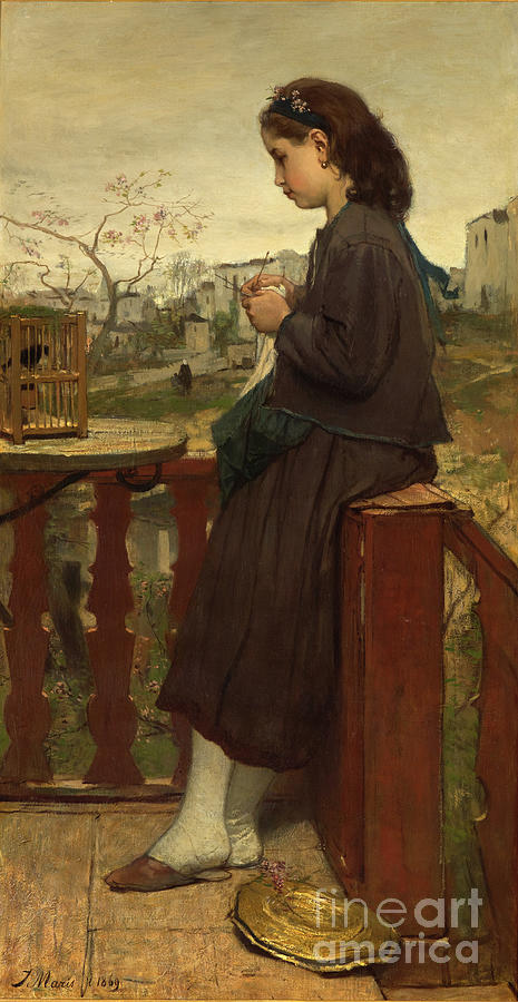 Girl Knitting On The Balcony, Montmartre, 1869 Painting by Jacob Henricus Or Hendricus Maris