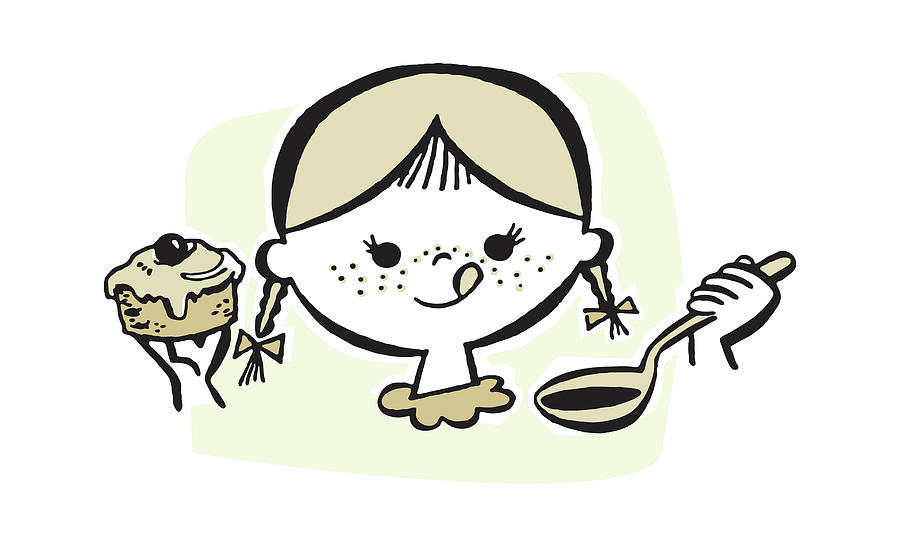 Cake Drawing - Girl Licking Lips and Holding Desserts by CSA Images