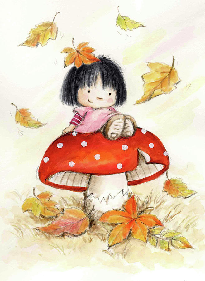 Mushroom Mixed Media - Girl On Mushroom by Makiko