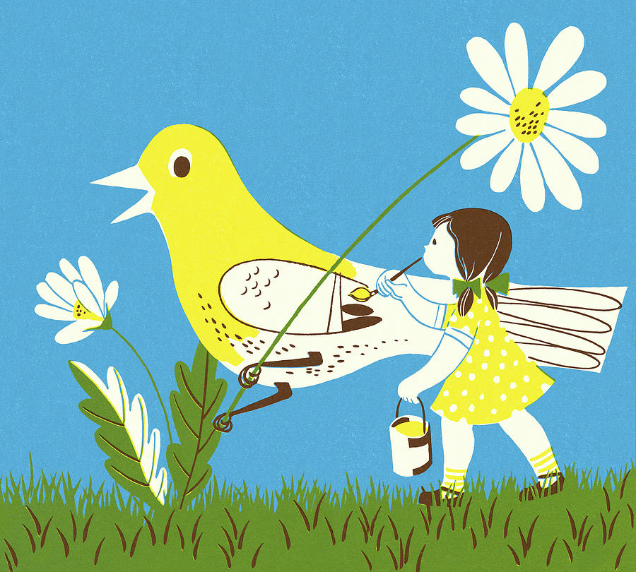 Canary Drawing - Girl Painting a Giant Bird by CSA Images