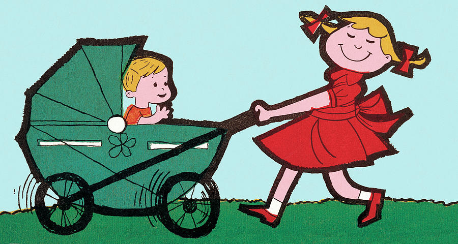 Vintage Drawing - Girl pushing baby in pram by CSA Images