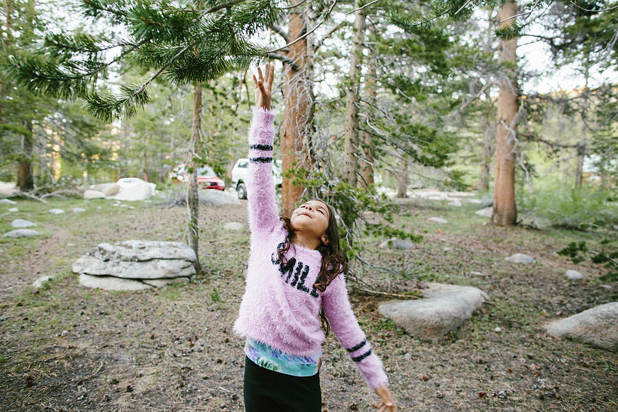 Nature Photograph - Girl Reaching Branch At Inyo National Forest by Cavan Images
