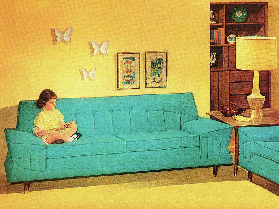 Davenport Drawing - Girl Reading On Turquoise Couch by CSA Images