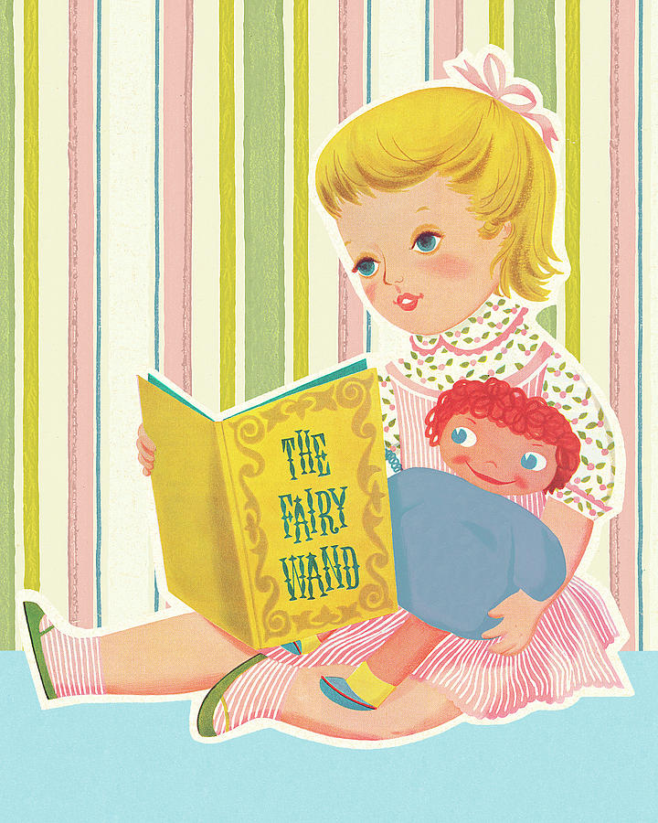 Vintage Drawing - Girl Reading to Doll by CSA Images