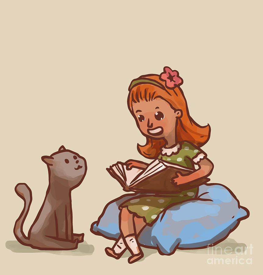 Big Digital Art - Girl Reads Book To Cat Vector by Ivan nikulin Big Digital Art - Girl Reads Book To Cat Vector by Ivan nikulin