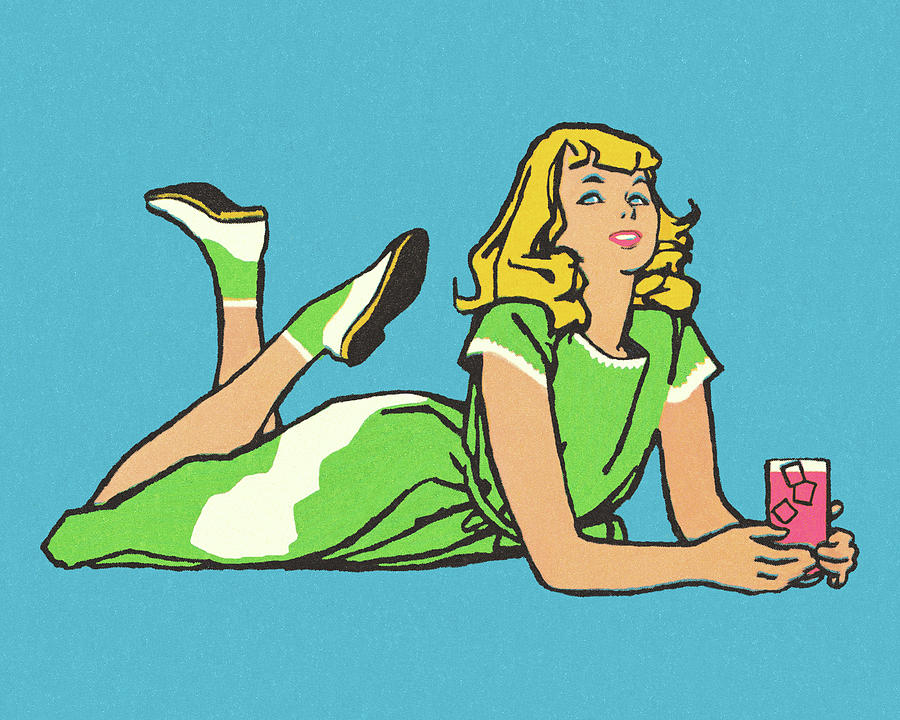 Vintage Drawing - Girl Relaxing with a Drink by CSA Images
