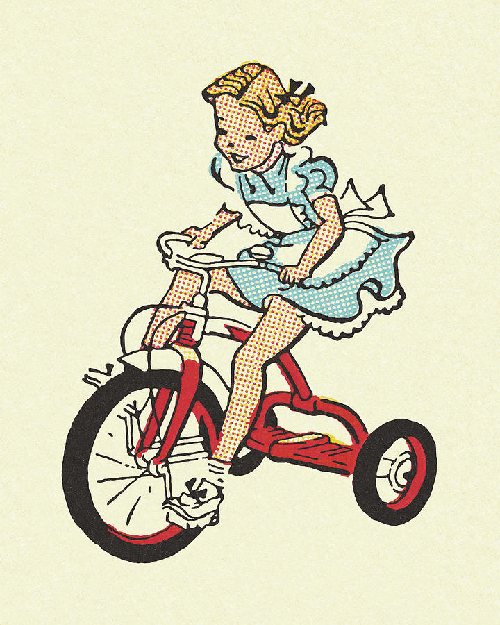 Vintage Drawing - Girl Riding a Tricycle by CSA Images