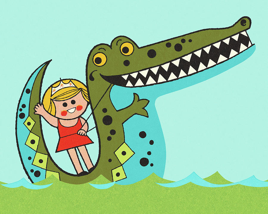 Alligator Drawing - Girl Riding on an Alligator by CSA Images