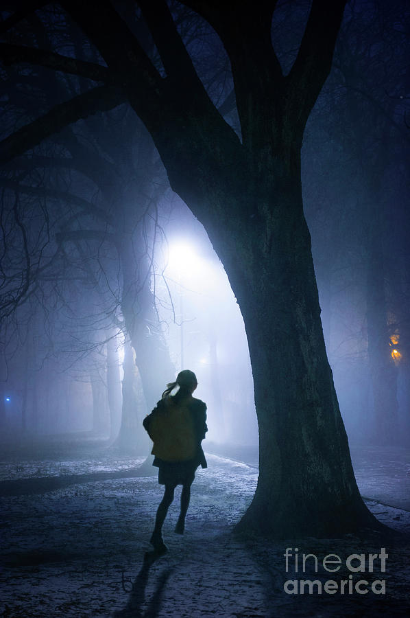 Girl Running Through Trees At Night In Fog Photograph by Lee Avison