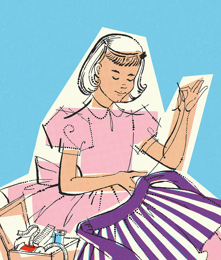 Vintage Drawing - Girl Sewing an Apron by CSA Images