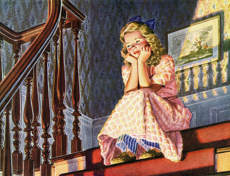 Vintage Drawing - Girl Sitting at the Top of the Stairs by CSA Images