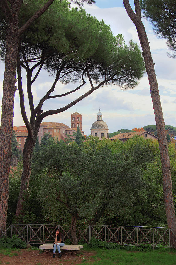 Girl Sitting on a Bench Beneath Umbrella Pines on Palatine Hill Rome Italy Photograph by Angela Rath