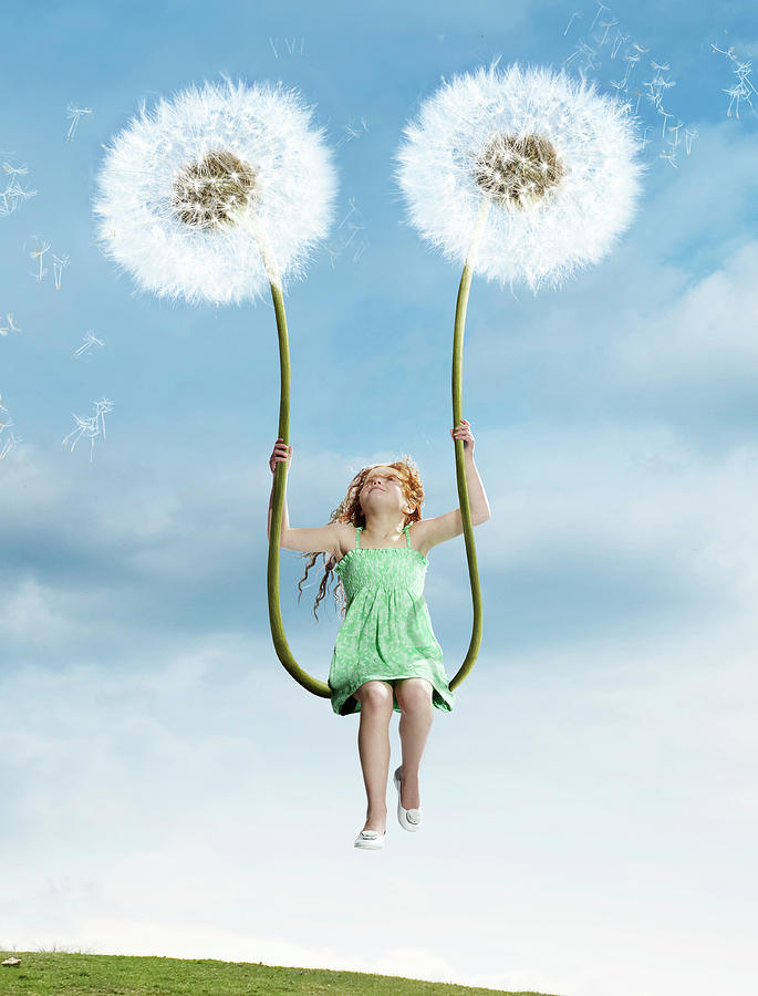 Girl Sitting On Swing Made Of Dandelions Photograph by Flashpop
