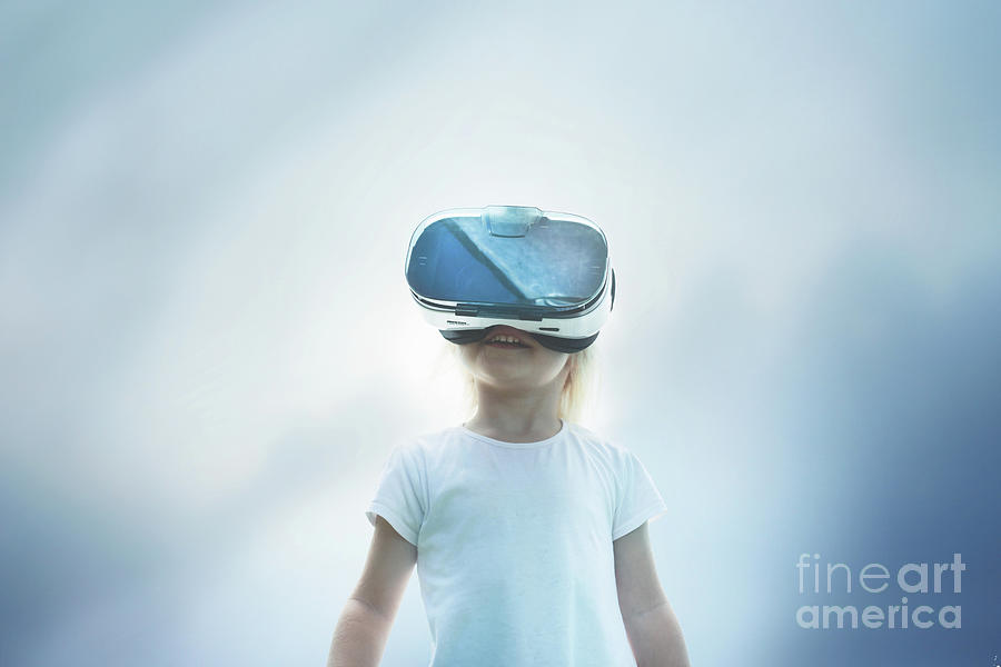 Girl Smiling Using Vr Goggles On Blue Photograph by Stanislaw Pytel