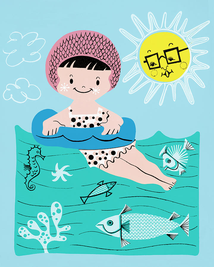 Fish Drawing - Girl Swimming in a Lake with Fish by CSA Images