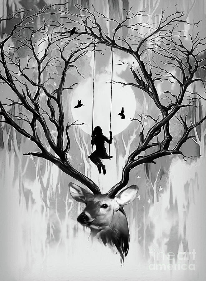Girl swing on deer horn  Painting by Gull G