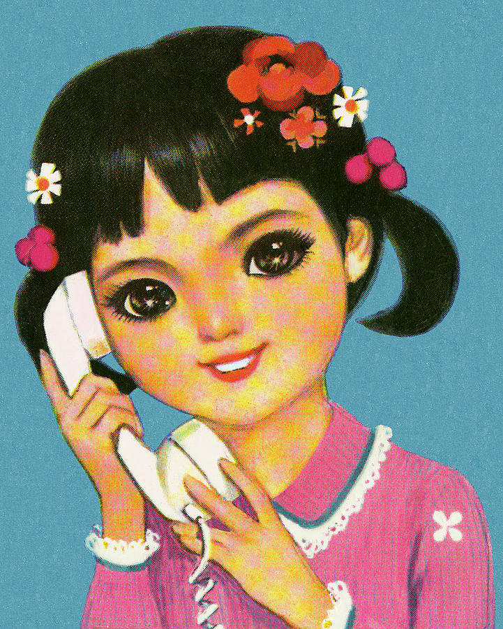 Vintage Drawing - Girl Talking on Telephone by CSA Images