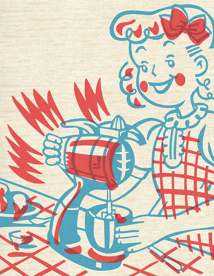 Vintage Drawing - Girl Using an Electric Mixer by CSA Images