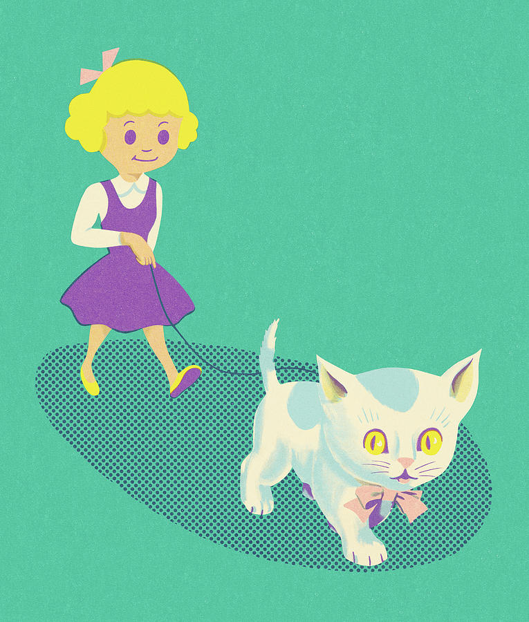 Vintage Drawing - Girl Walking a Kitten on a Leash by CSA Images