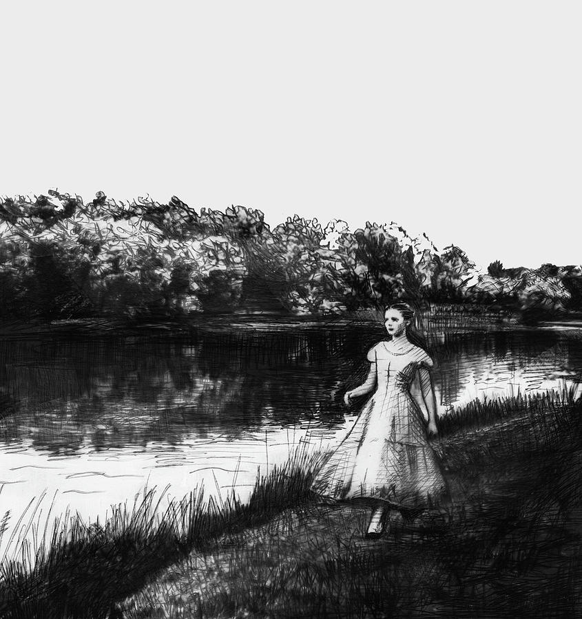 Girl Walking On River Drawing