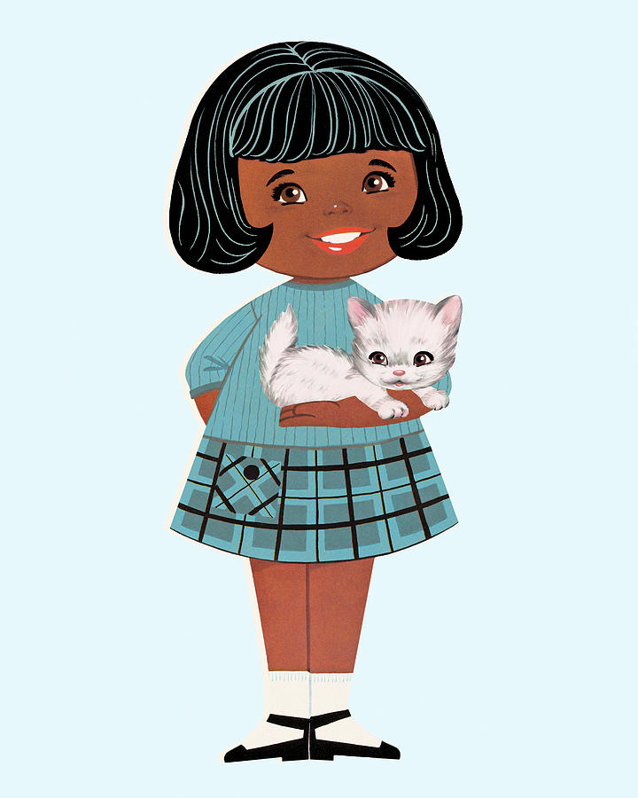 Vintage Drawing - Girl Wearing a Dress Holding a Cat by CSA Images