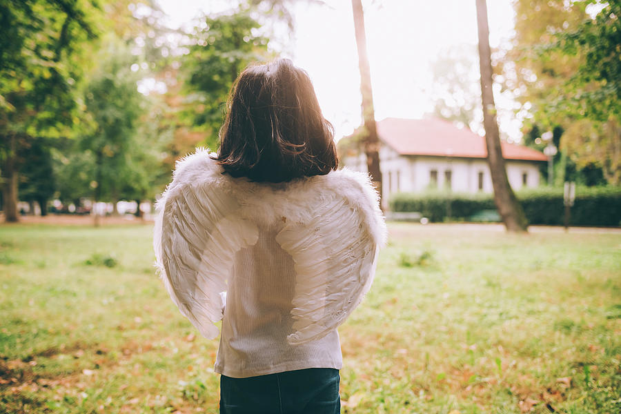 Girl Wearing Angel Wings, Halloween Costume, Rear View Digital Art by ...