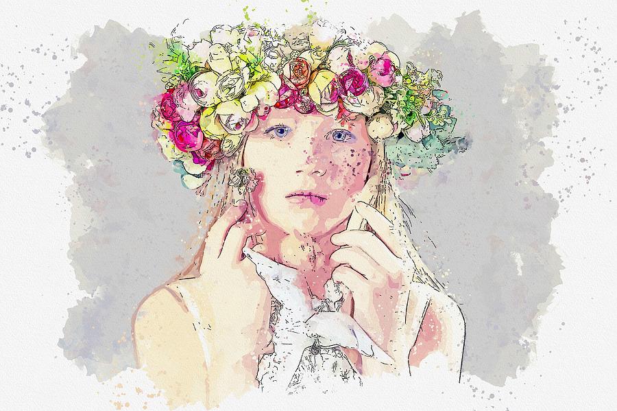 Girl Wearing Floral Headband watercolor by Ahmet Asar Painting by Celestial Images