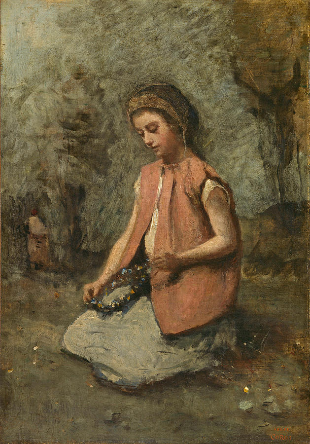 Girl Weaving a Garland Painting by Jean-Baptiste-Camille Corot