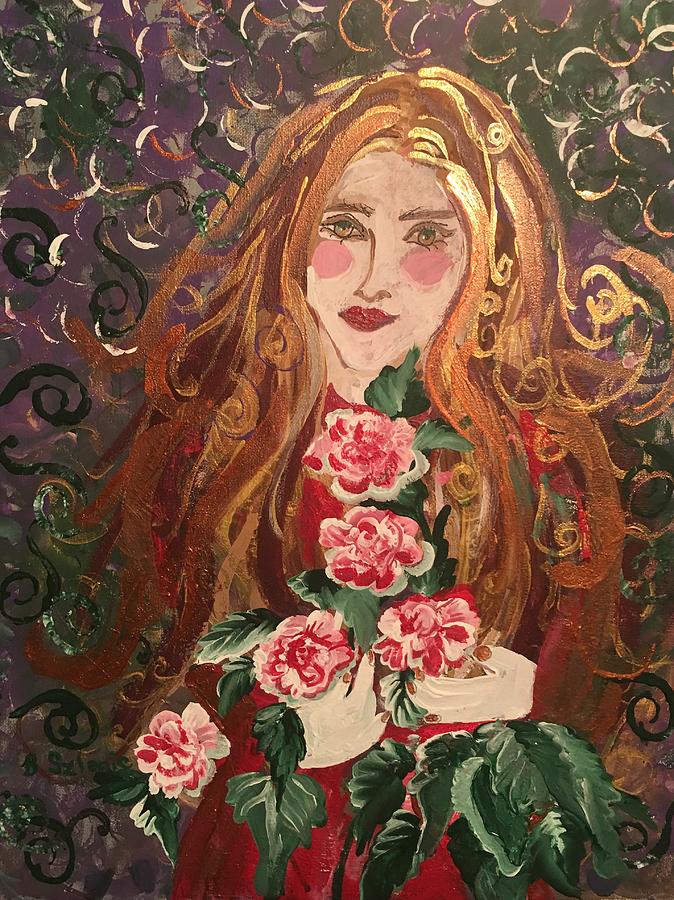 Girl with 4 flowers Painting by Barbara Szlanic