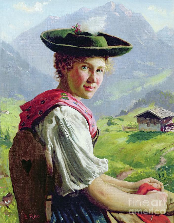 Girl With A Hat In Mountain Landscape Painting by Emil Karl Rau