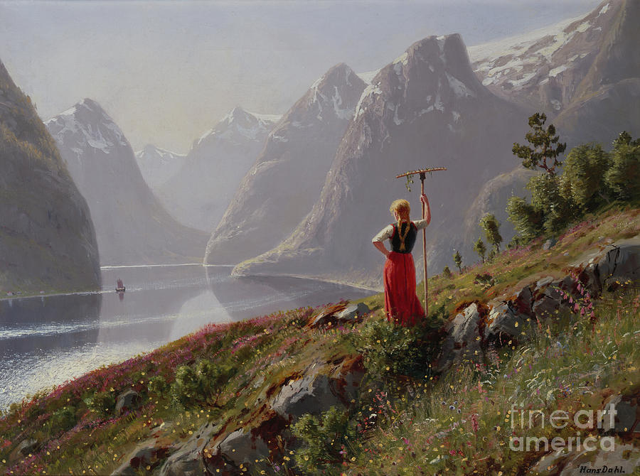 Girl With A Rake In Fjord Landscape Painting by Hans Dahl