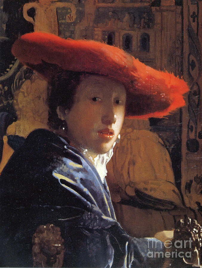 Girl With A Red Hat, C.1665 (oil On Panel) Painting by Jan Vermeer