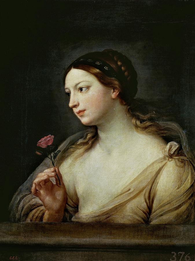 Girl with a Rose, 1630-1635, Italian School, Oil on canvas, 81 cm x 62 cm, P00218. Painting by Guido Reni -1575-1642-
