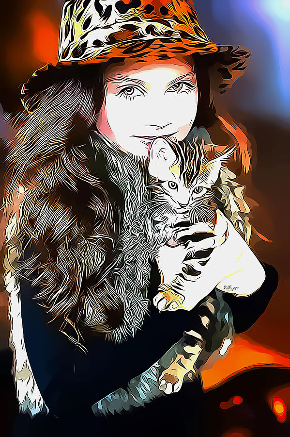 Girl With Cat Mixed Media