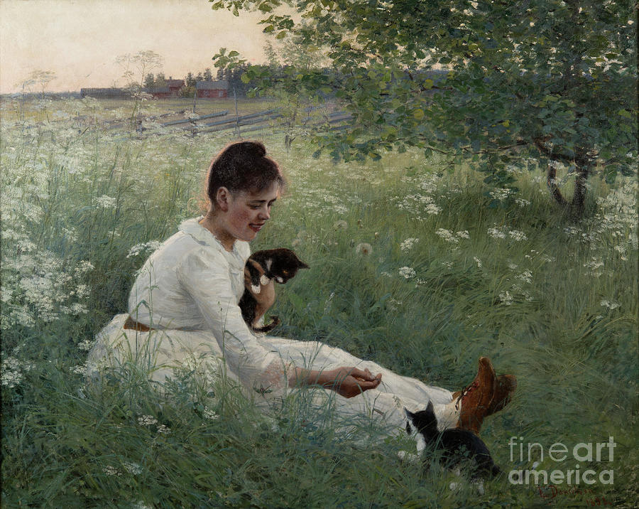 Girl With Cats In A Summer Landscape Drawing by Heritage Images