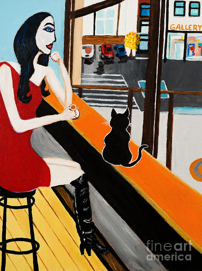 Girl With Coffee And Cat Painting by Art by Danielle