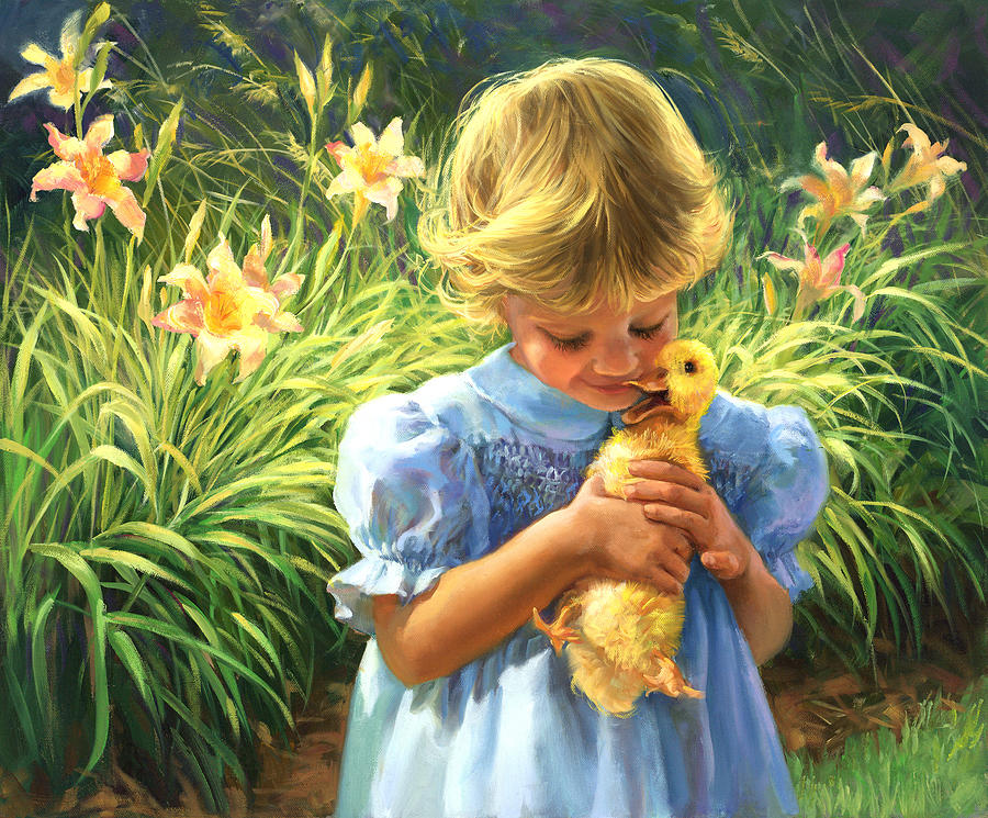 Duck Painting - Girl with duck by Laurie Snow Hein