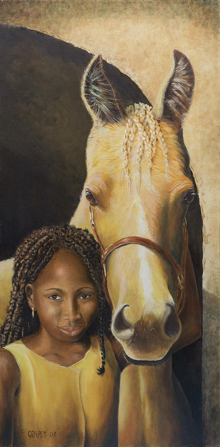 Animal Painting - Girl With Her Golden Horse by K.c. Grapes