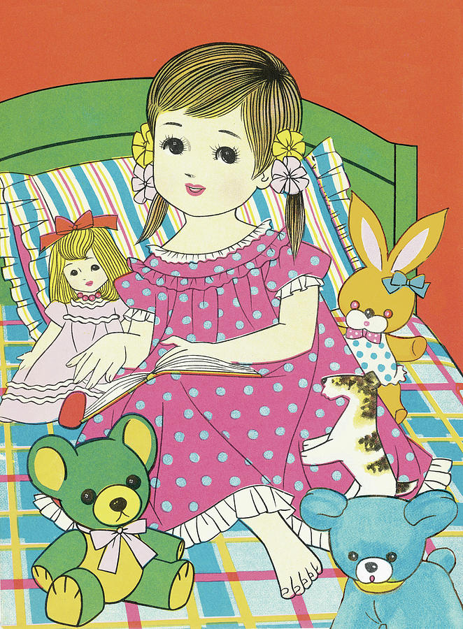 Vintage Drawing - Girl with stuffed animals by CSA Images