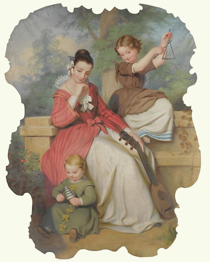 Girl With Two Children Playing Music Painting By Continental School   Girl With Two Children Playing Music Continental School 